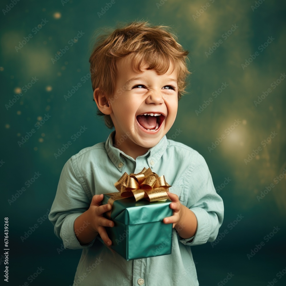 A cute boy is looking forward to unwrapping Christmas presents. The boy holds a gift in his hands. Generative AI. A cute boy is looking forward to unwrapping Christmas presents. The boy holds a gift in his hands. Generative AI.