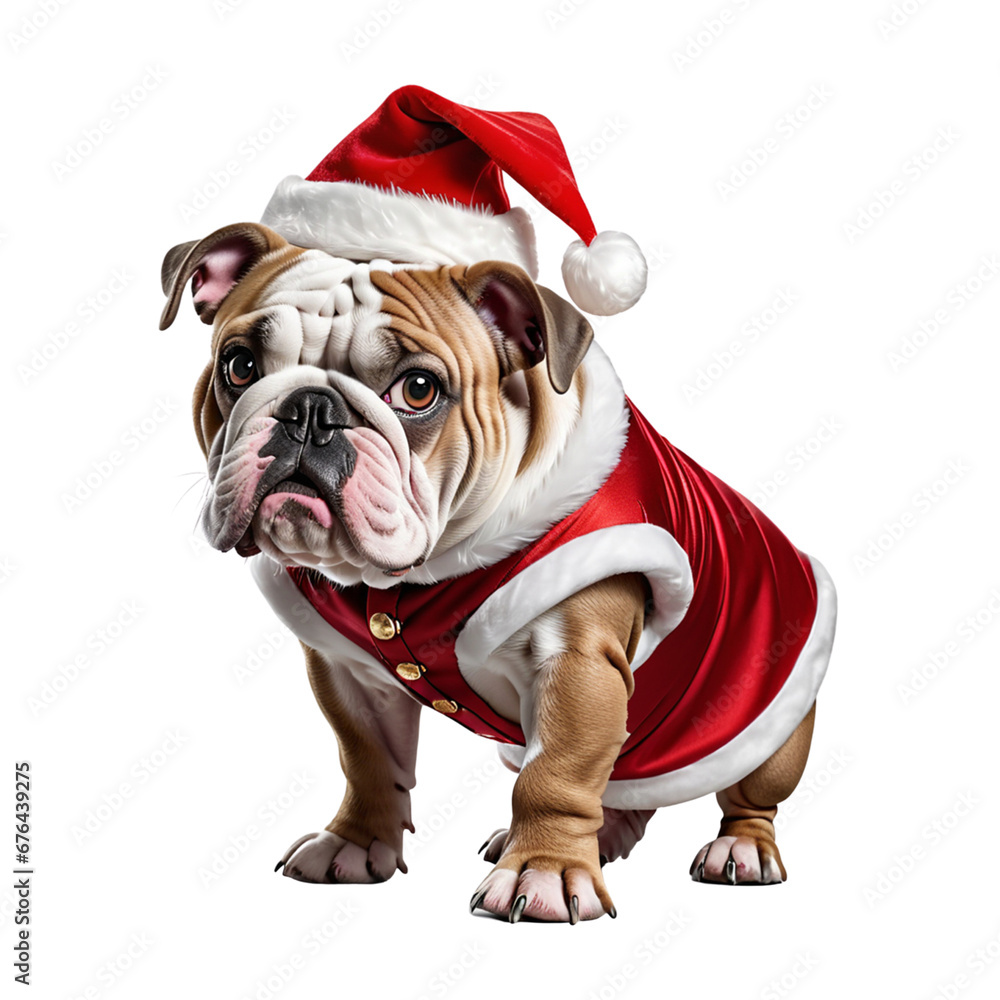 Bulldog  in Santa Clause Dress, Santa Dog - Generative AI
