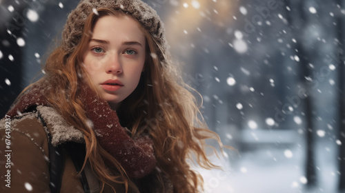 Pensive girl in snowfall with a backdrop of blurred trees.