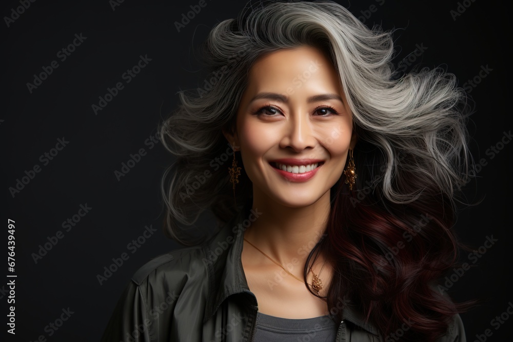 Chinese middle age woman with grey hair and perfect skin - skin and beauty care