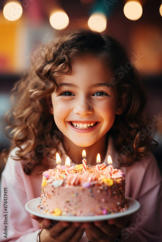 A little girl is smiling and laughing while holding the birthday cake  Generative AI
