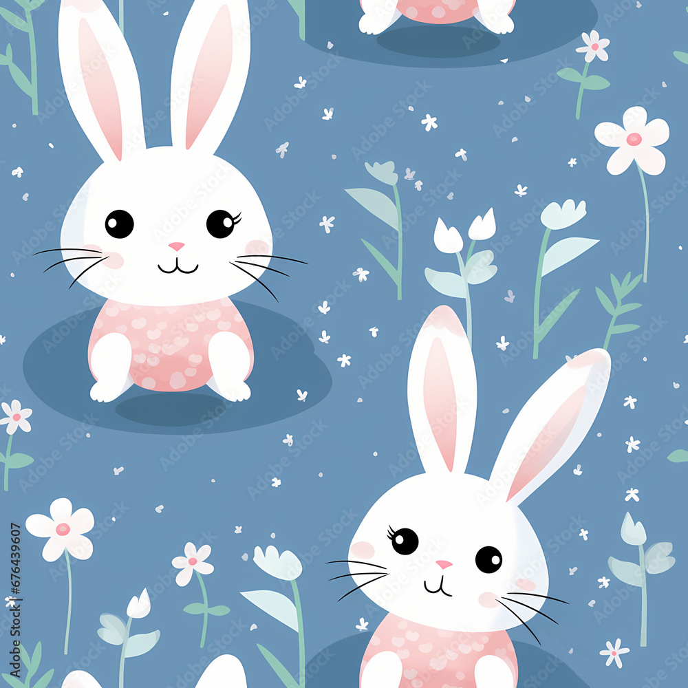 Seamless pattern of Enchanted Garden Bunnies and Whimsical Floral Pattern