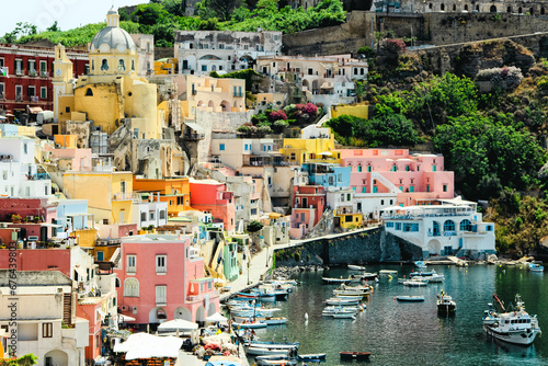 Fototapeta Naklejka Na Ścianę i Meble -  Procida, an island in Italy near Naples. Tourist place famous for the Port of Corricella, the colored houses and the beautiful sea where you can swim and go on an excursion in the caves with boats (10
