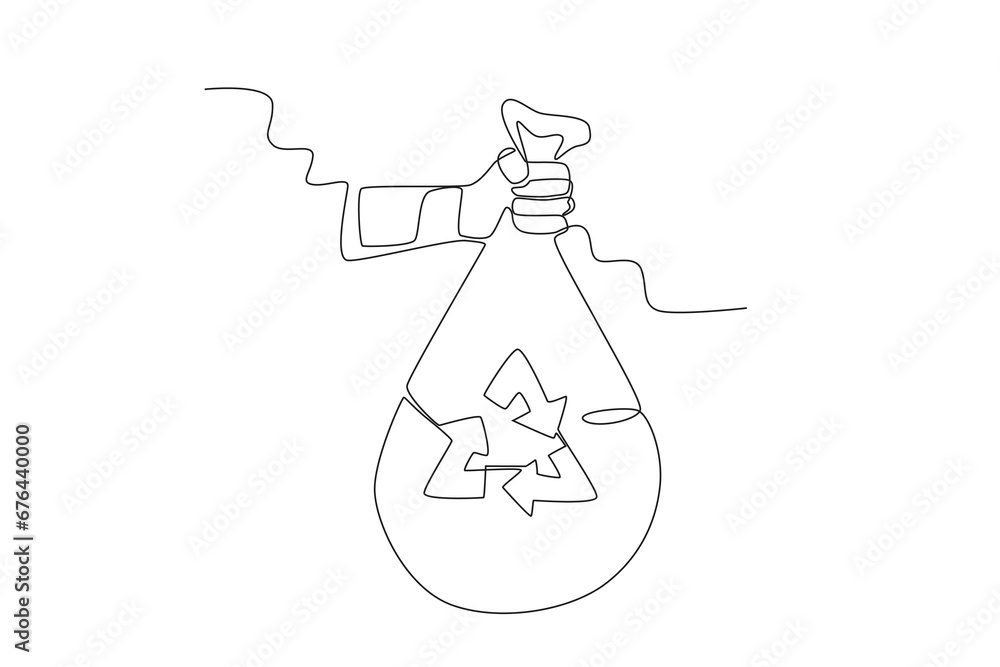 A garbage bag with a recycling symbol. World enviromental education day one-line drawing A garbage bag with a recycling symbol. World enviromental education day one-line drawing