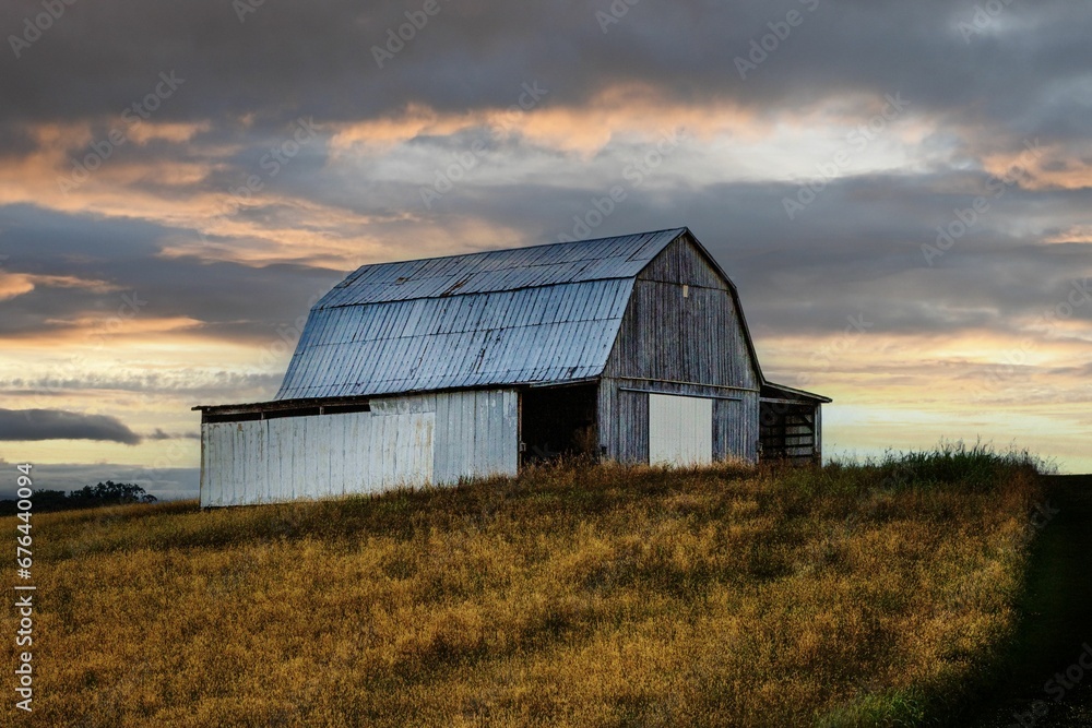 Metal barn in the field with yellow grass around and gloomy cloudy sky background at sunset Metal barn in the field with yellow grass around and gloomy cloudy sky background at sunset