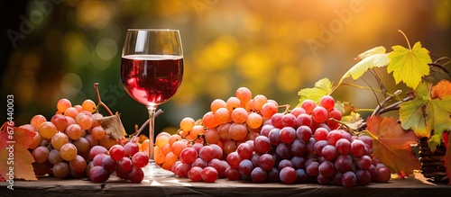 In the isolated background of nature surrounded by lush green leaves and vibrant autumn colors of red a healthy plant bearing fruits stands tall A white wine glass filled with organic natura