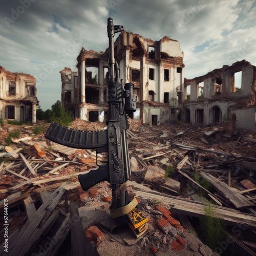 soldier's accessories in the middle of a destroyed building.destroyed building war background