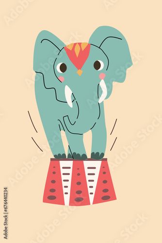 cute elephant on drum of circus in retro colors