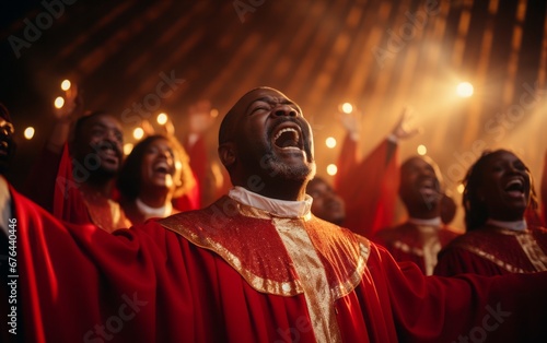 A group of Christian gospel singers celebrating the Lord Jesus Christ. The song spreads blessing, harmony in joy and faith. A group of African American men and women in a church. photo