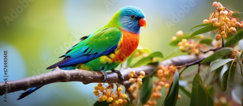 In the beautiful natural background of Australia s tropical paradise a cute and colorful bird with a yellow beak stood out among the greenery showcasing the mesmerizing diversity of wildlife © TheWaterMeloonProjec