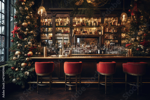 Cozy retro bar decorated for Christmas © Slepitssskaya