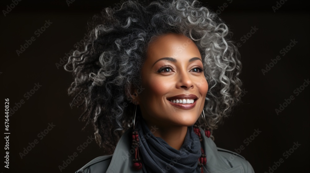 Radiate elegance and confidence with a stunning portrayal of a middle-aged African woman, her grey hair and perfect facial skin making her the perfect choice for beauty product promotions Radiate elegance and confidence with a stunning portrayal of a middle-aged African woman, her grey hair and perfect facial skin making her the perfect choice for beauty product promotions