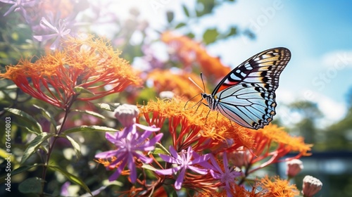 The image of a multicolored butterfly poised on flowers consuming their nectar and pollen is a wonderful sight of the beauty of flowers and gorgeous nature in the lush park beneath the sunny sky. © Nazia