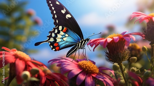 The image of a multicolored butterfly poised on flowers consuming their nectar and pollen is a wonderful sight of the beauty of flowers and gorgeous nature in the lush park beneath the sunny sky.