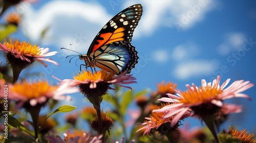 The image of a multicolored butterfly poised on flowers consuming their nectar and pollen is a wonderful sight of the beauty of flowers and gorgeous nature in the lush park beneath the sunny sky..