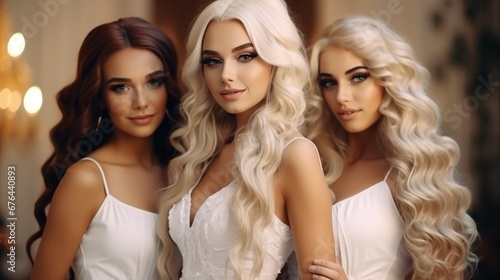 Three lovely ladies in white bridal gowns with super golden hair coloring Curls in a stylish hairstyle done in a beauty salon Fashion, cosmetics, and cosmetics Beautiful brides