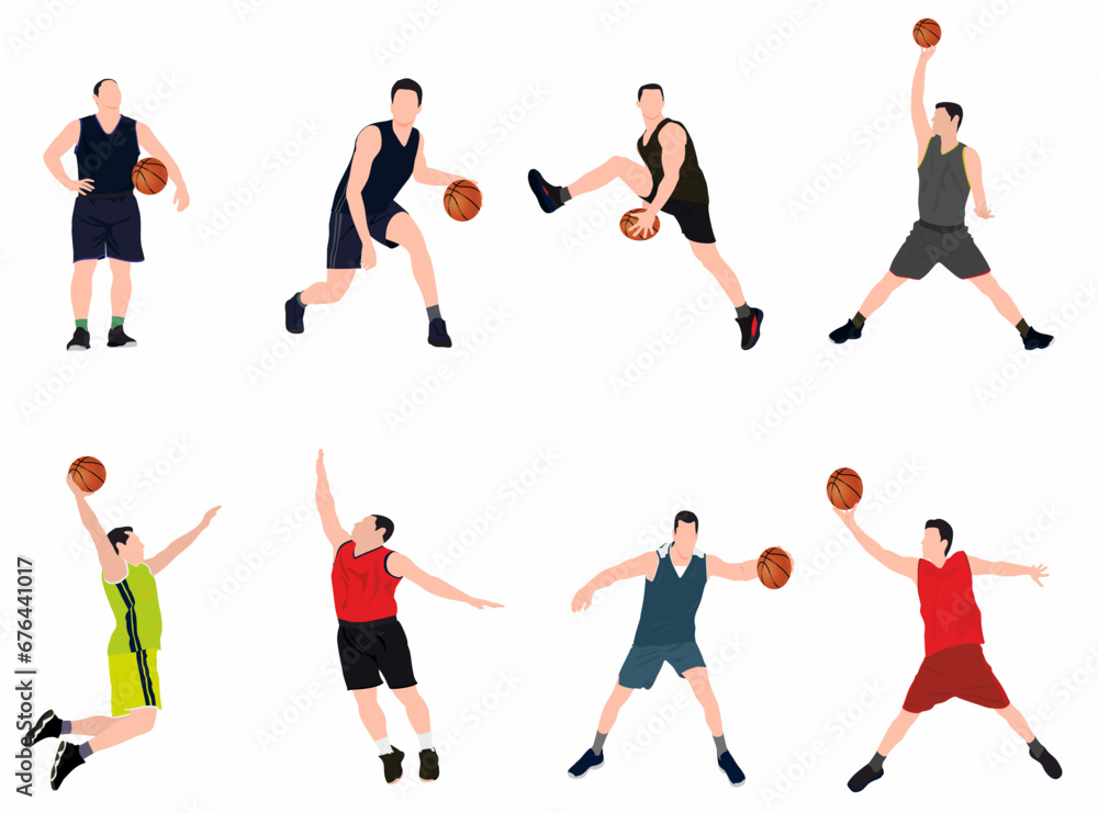 Basketball player set. Group of different basketball players in different playing action. Set of basketball players throwing ball isolated on white background