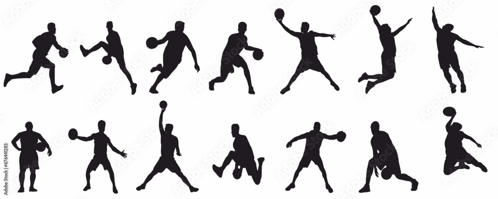 set of silhouettes of basketball players in different action. 