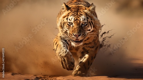 tigar (Taurinus; connochaetes) running across dusty plains -  photo