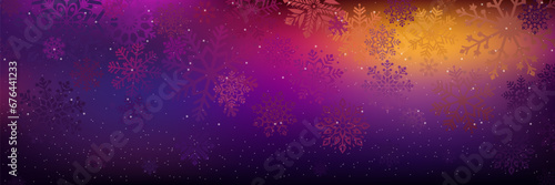 Beautiful multicolored Christmas background with amazing snowflakes with different ornaments. New Year or Christmas background with gold, purple, blue, red gradients.