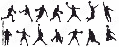 set of silhouettes of basketball players in different action.  photo