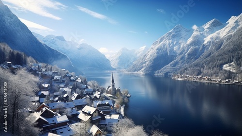 Hallstatt's identity is in perfect harmony with the top view of snowy mountains touching the bright blue sky, the sparkling lake, and its coastline towns, making its splendor worthy of a World Heritag photo