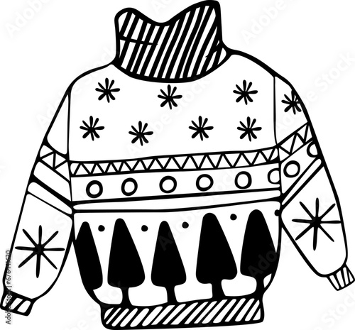 sweater black and white christmas doodle minimalism cute design clothes, hand drawn, single