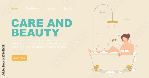 Bath time concept of landing page with girl in foam. Plump female character washes with bubbles.