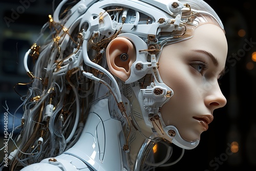 Humanoid woman robot - half woman half robot