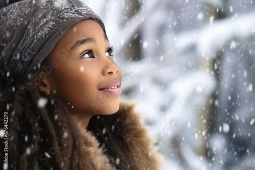 African American girl looks at falling snowflakes staying under snowfall with smile