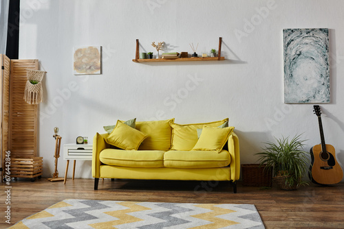 Slika na platnu object photo of big yellow couch in vibrant spacious living room next to guitar