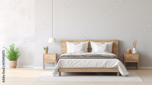 Front view of empty modern white bedroom.