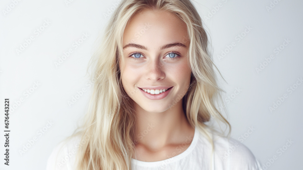 Portrait beautiful happy blonde woman with white teeth smiling. Beauty concept.
Portrait beautiful happy blonde woman with white teeth smiling. Beauty concept.