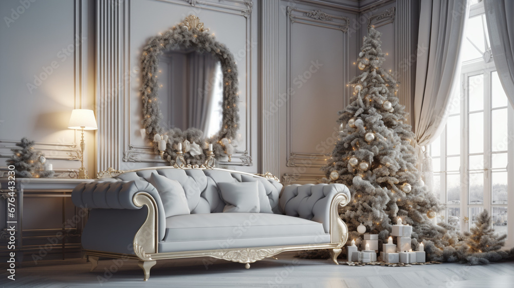 Intérieur d'une maison avec un sapin de Noël et cadeaux, paquets, présents et décoration. Fond pour conception et création graphique. Ambiance familiale, festive et hivernale.	