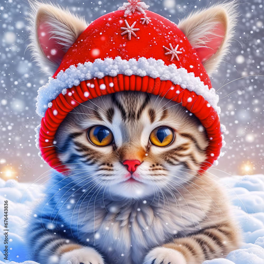 Portrait of a beautiful tabby kitten - Santa on a snowy background. Christmas background with kitten Portrait of a beautiful tabby kitten - Santa on a snowy background. Christmas background with kitten