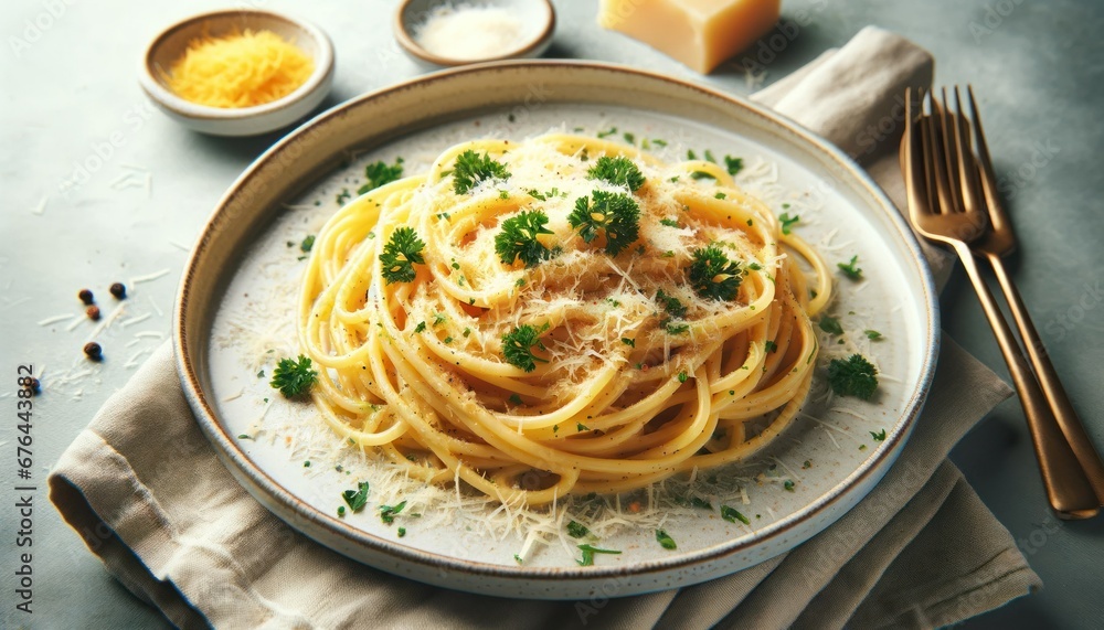 Elegantly presented Spaghetti Carbonara, highlighting creamy texture, garnished with freshly grated Parmesan and parsley on a sophisticated plate.
