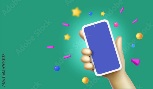 Hand holding mobile smartphone. Cartoon 3d mobile phone with empty screen. Vector illustration