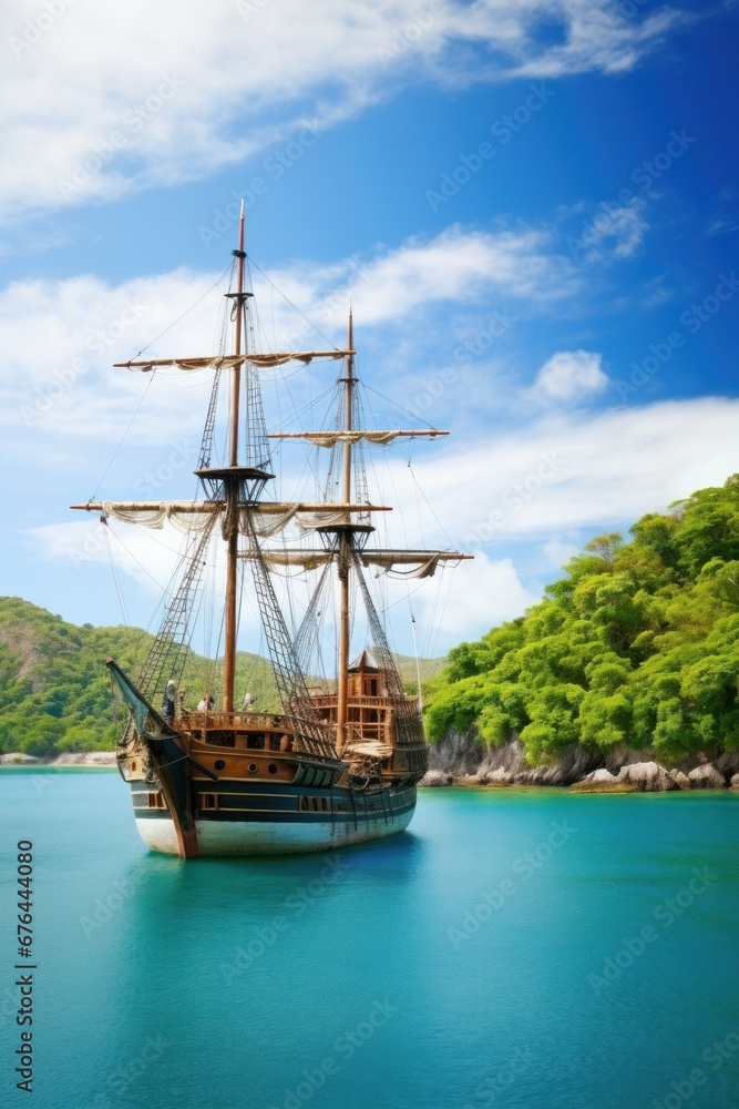 Pirate ship with lowered sails drifts on azure sea during calm arriving to hilly coast Pirate ship with lowered sails drifts on azure sea during calm arriving to hilly coast