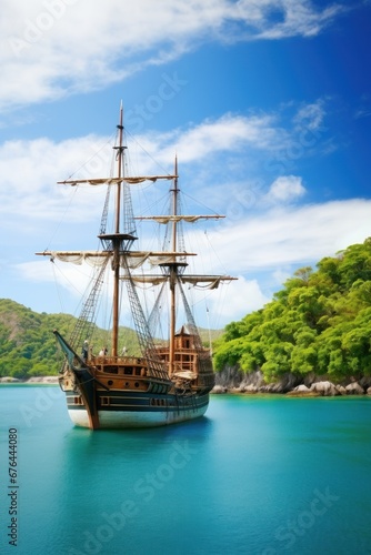 Pirate ship with lowered sails drifts on azure sea during calm arriving to hilly coast