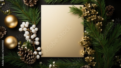 Christmas empty piece with white card, green fir and golden baubles