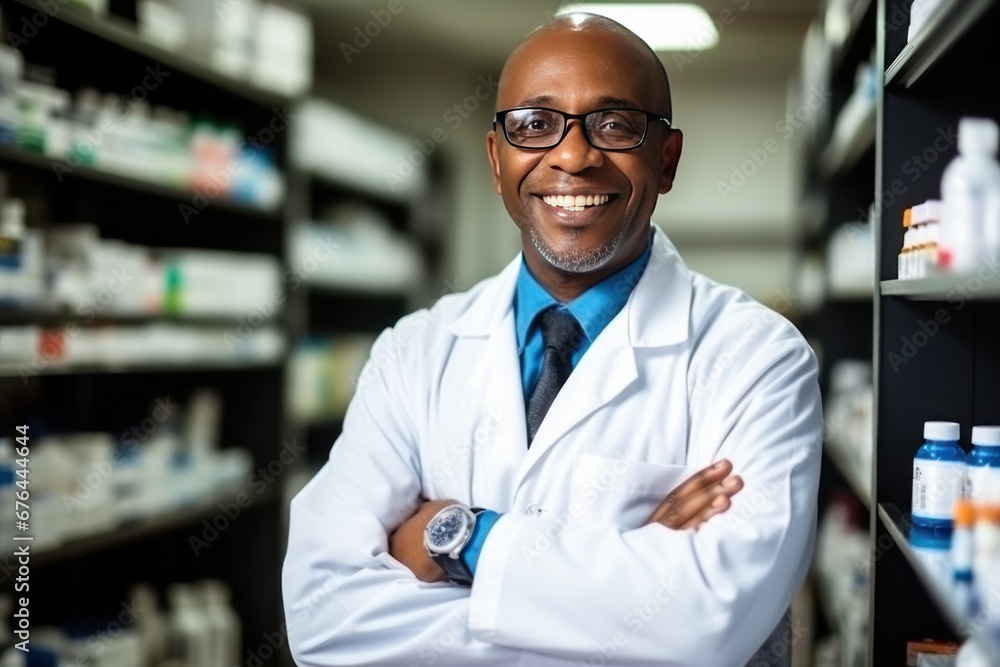 African American pharmacist stands in medical robe smiling in pharmacy shop full of medicines