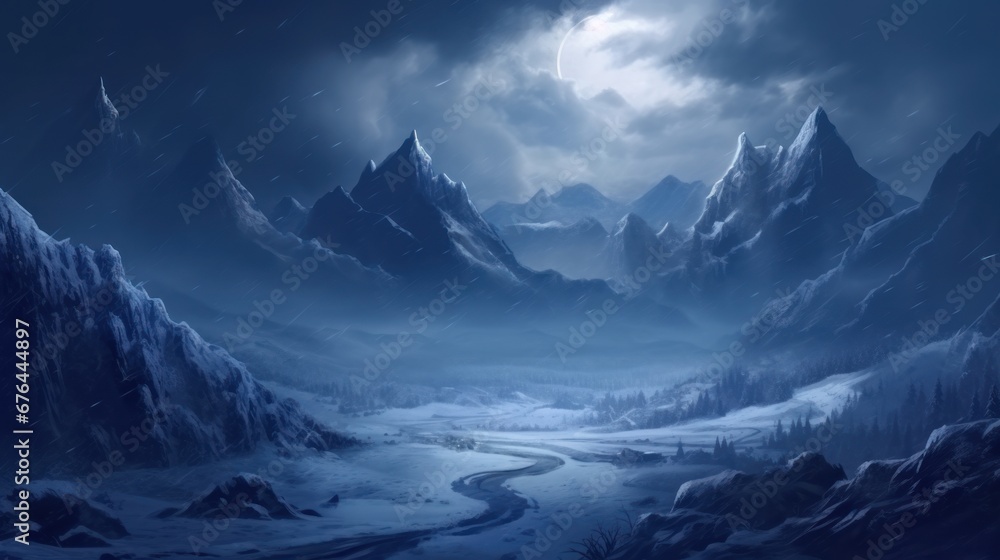 Beautiful view of the winter, dark valley, majestic and mysterious, game art Beautiful view of the winter, dark valley, majestic and mysterious, game art