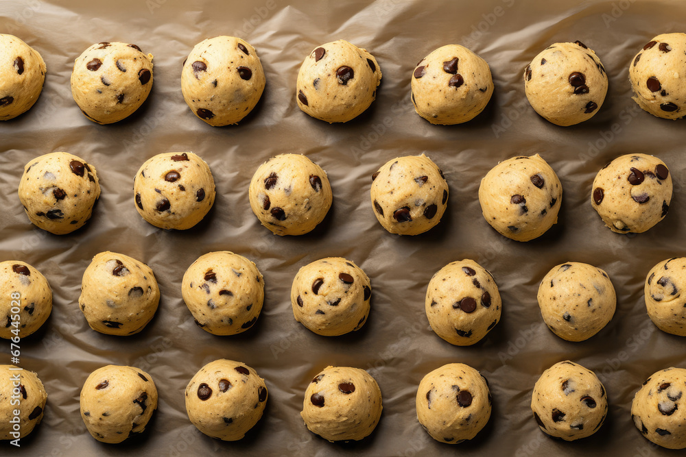 Chocolate chip cookie dough. Balls of vanilla shortbread dough with chocolate chips. Cooking, cookie recipe, quick baking. Chocolate chip cookie dough. Balls of vanilla shortbread dough with chocolate chips. Cooking, cookie recipe, quick baking.