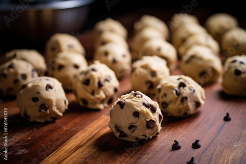 Chocolate chip cookie dough. Balls of vanilla shortbread dough with chocolate chips. Cooking, cookie recipe, quick baking.  photo