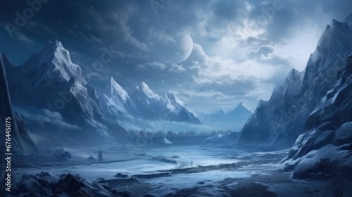 Beautiful view of the winter, dark valley, majestic and mysterious, game art © Damian Sobczyk