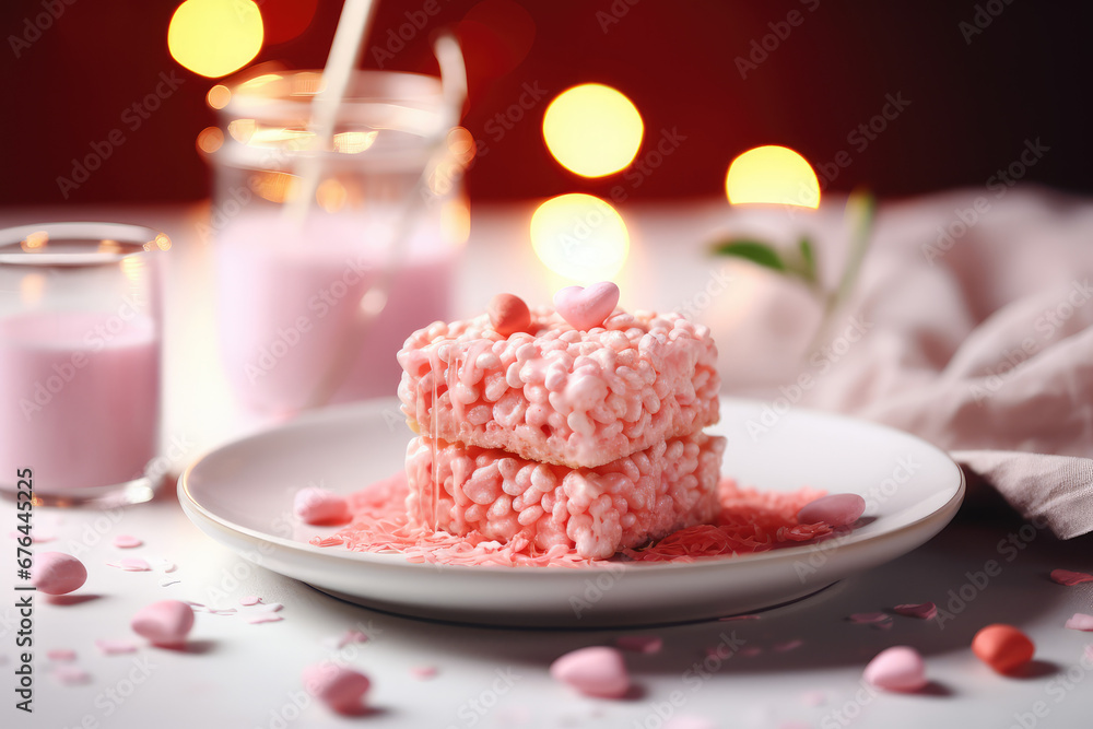 Cute valentines day rice krispy treat cookies. Delicious sweet rice crispy crunchy candy bars, holiday romantic dessert. Cute valentines day rice krispy treat cookies. Delicious sweet rice crispy crunchy candy bars, holiday romantic dessert.
