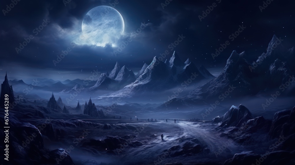 Beautiful view of the winter, dark valley, majestic and mysterious, game art Beautiful view of the winter, dark valley, majestic and mysterious, game art