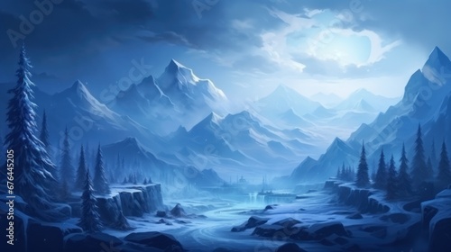 Beautiful view of the winter, dark valley, majestic and mysterious, game art © Damian Sobczyk