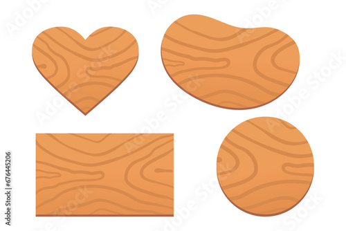 Wooden shapes of geometric forms, smooth figure and heart. Cartoon imitation of a wood. Vector illustration