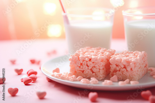 Cute valentines day rice krispy treat cookies. Delicious sweet rice crispy crunchy candy bars, holiday romantic dessert. photo